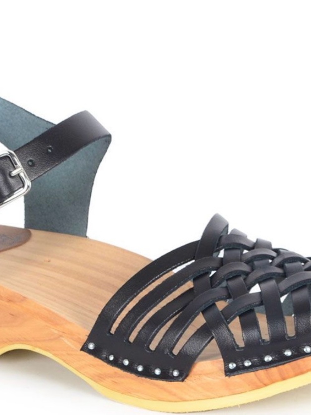 Black Woven Leather Clog Sandal with Ankle Strap - Women
